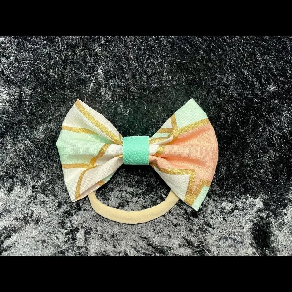 Handmade Geometric teal, pink and gold Bow